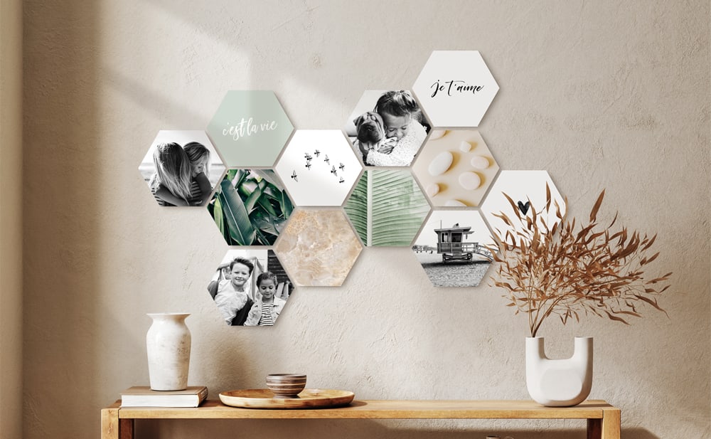 Shapes® : collage mural avec carreaux photo hexagonaux — créatif, flexible et simple à agrandir pour une déco personnalisée.