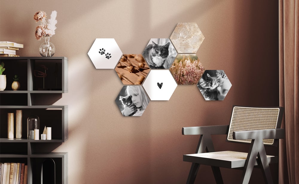 Créez une composition murale unique avec Shapes<sup>®</sup> — des carreaux photo modulables en forme d’hexagone tendance. Faciles à poser, à étendre et à personnaliser.