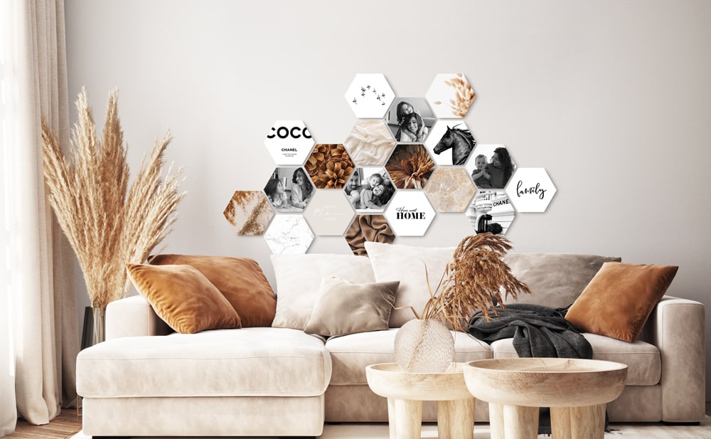 Collage mural Shapes® avec hexagones photo modulaires — créatif, flexible et évolutif pour un design personnel.