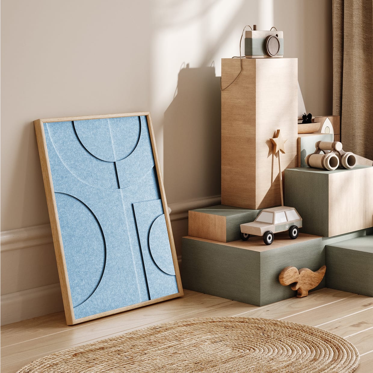 Un Art en Feutre bleu comme décoration dans une chambre d'enfant